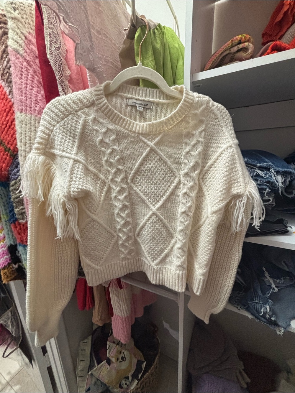 Francesca's Collections Cream Cable Knit Fringe Crewneck Sweater